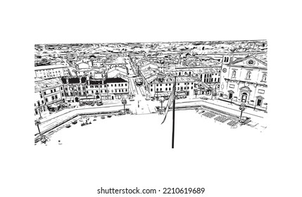 Building view with landmark of Palmanova is the 
town in Italy. Hand drawn sketch illustration in vector.