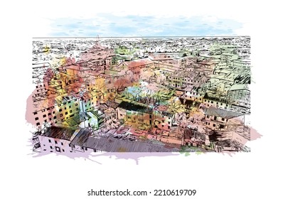 Building view with landmark of Palmanova is the 
town in Italy. Watercolor splash with hand drawn sketch illustration in vector.