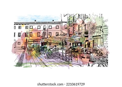 Building view with landmark of Palmanova is the 
town in Italy. Watercolor splash with hand drawn sketch illustration in vector.