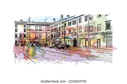 Building view with landmark of Palmanova is the 
town in Italy. Watercolor splash with hand drawn sketch illustration in vector.