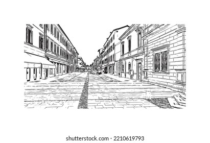 Building view with landmark of Palmanova is the 
town in Italy. Hand drawn sketch illustration in vector.