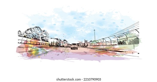 Building view with landmark of Palmetto is the
city in  Florida. Watercolor splash with hand drawn sketch illustration in vector.