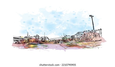 Building view with landmark of Palmetto is the
city in  Florida. Watercolor splash with hand drawn sketch illustration in vector.