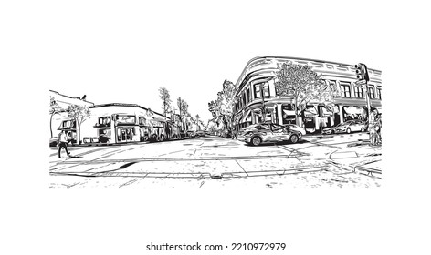 Building view with landmark of Palo Alto is a city in California. Hand drawn sketch illustration in vector.