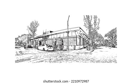 Building view with landmark of Palo Alto is a city in California. Hand drawn sketch illustration in vector.