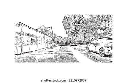 Building view with landmark of Palo Alto is a city in California. Hand drawn sketch illustration in vector.