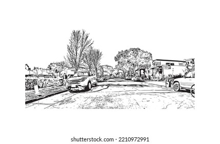 Building view with landmark of Palo Alto is a city in California. Hand drawn sketch illustration in vector.