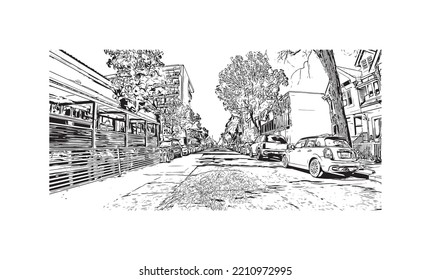 Building view with landmark of Palo Alto is a city in California. Hand drawn sketch illustration in vector.