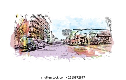 Building view with landmark of Palo Alto is a city in California. Watercolor splash with hand drawn sketch illustration in vector.