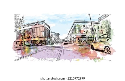 Building view with landmark of Palo Alto is a city in California. Watercolor splash with hand drawn sketch illustration in vector.