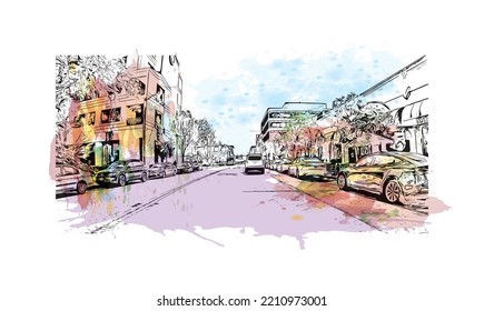 Building view with landmark of Palo Alto is a city in California. Watercolor splash with hand drawn sketch illustration in vector.