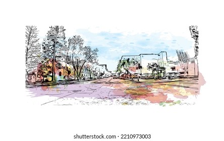 Building view with landmark of Palo Alto is a city in California. Watercolor splash with hand drawn sketch illustration in vector.