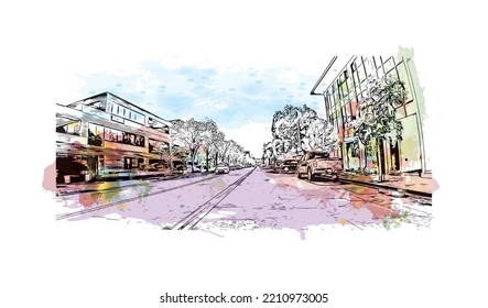 Building view with landmark of Palo Alto is a city in California. Watercolor splash with hand drawn sketch illustration in vector.