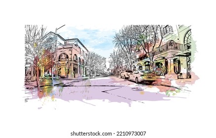 Building view with landmark of Palo Alto is a city in California. Watercolor splash with hand drawn sketch illustration in vector.