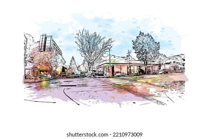 Building view with landmark of Palo Alto is a city in California. Watercolor splash with hand drawn sketch illustration in vector.