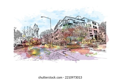 Building view with landmark of Palo Alto is a city in California. Watercolor splash with hand drawn sketch illustration in vector.