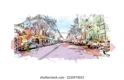 Building view with landmark of Palo Alto is a city in California. Watercolor splash with hand drawn sketch illustration in vector.