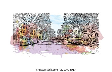 Building view with landmark of Palo Alto is a city in California. Watercolor splash with hand drawn sketch illustration in vector.