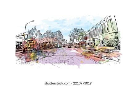 Building view with landmark of Palo Alto is a city in California. Watercolor splash with hand drawn sketch illustration in vector.