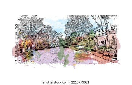 Building view with landmark of Palo Alto is a city in California. Watercolor splash with hand drawn sketch illustration in vector.