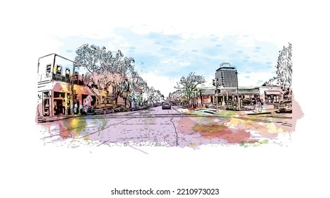 Building view with landmark of Palo Alto is a city in California. Watercolor splash with hand drawn sketch illustration in vector.