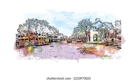 Building view with landmark of Palo Alto is a city in California. Watercolor splash with hand drawn sketch illustration in vector.