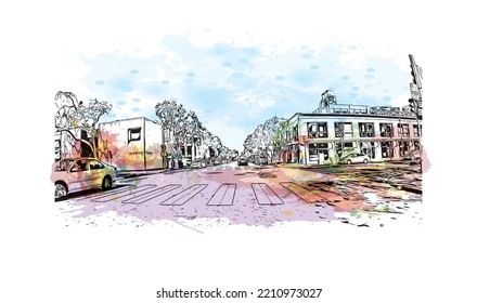 Building view with landmark of Palo Alto is a city in California. Watercolor splash with hand drawn sketch illustration in vector.