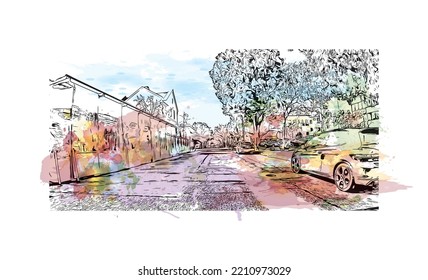 Building view with landmark of Palo Alto is a city in California. Watercolor splash with hand drawn sketch illustration in vector.