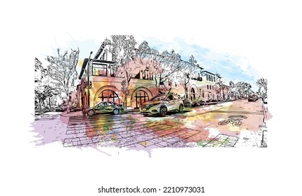 Building view with landmark of Palo Alto is a city in California. Watercolor splash with hand drawn sketch illustration in vector.