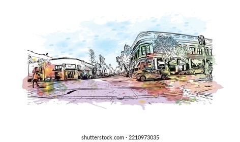 Building view with landmark of Palo Alto is a city in California. Watercolor splash with hand drawn sketch illustration in vector.