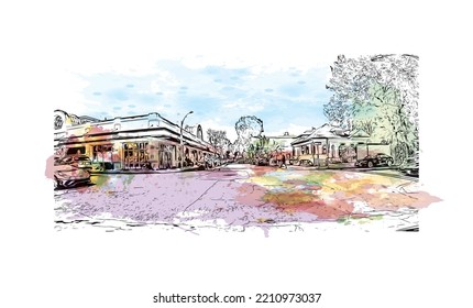 Building view with landmark of Palo Alto is a city in California. Watercolor splash with hand drawn sketch illustration in vector.