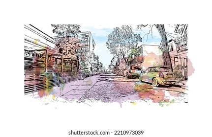 Building view with landmark of Palo Alto is a city in California. Watercolor splash with hand drawn sketch illustration in vector.