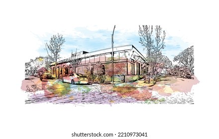 Building view with landmark of Palo Alto is a city in California. Watercolor splash with hand drawn sketch illustration in vector.