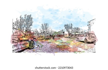 Building view with landmark of Palo Alto is a city in California. Watercolor splash with hand drawn sketch illustration in vector.