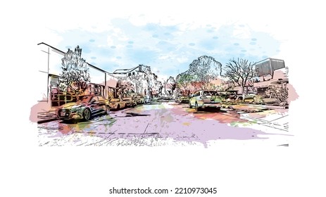 Building view with landmark of Palo Alto is a city in California. Watercolor splash with hand drawn sketch illustration in vector.