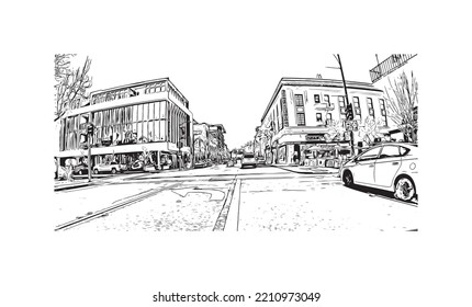 Building view with landmark of Palo Alto is a city in California. Hand drawn sketch illustration in vector.