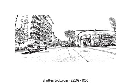 Building view with landmark of Palo Alto is a city in California. Hand drawn sketch illustration in vector.