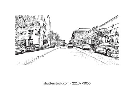 Building view with landmark of Palo Alto is a city in California. Hand drawn sketch illustration in vector.