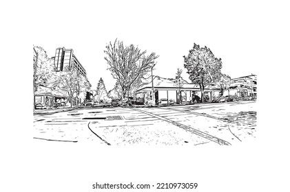 Building view with landmark of Palo Alto is a city in California. Hand drawn sketch illustration in vector.