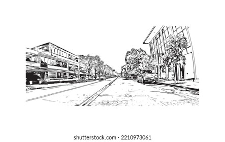 Building view with landmark of Palo Alto is a city in California. Hand drawn sketch illustration in vector.