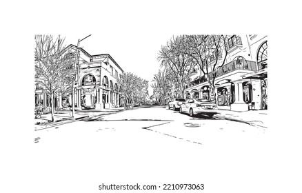 Building view with landmark of Palo Alto is a city in California. Hand drawn sketch illustration in vector.