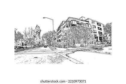 Building view with landmark of Palo Alto is a city in California. Hand drawn sketch illustration in vector.