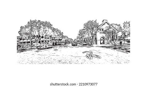 Building view with landmark of Palo Alto is a city in California. Hand drawn sketch illustration in vector.