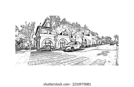 Building view with landmark of Palo Alto is a city in California. Hand drawn sketch illustration in vector.