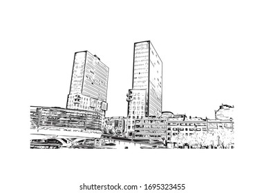 building view with landmark of Pamplona is the capital of Navarre province in northern Spain. Hand drawn sketch illustration in vector.