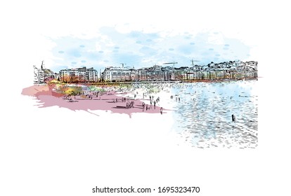 building view with landmark of Pamplona is the capital of Navarre province in northern Spain. Watercolor splash with Hand drawn sketch illustration in vector.