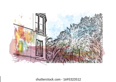 building view with landmark of Pamplona is the capital of Navarre province in northern Spain. Watercolor splash with Hand drawn sketch illustration in vector.
