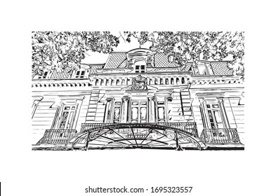 building view with landmark of Pamplona is the capital of Navarre province in northern Spain. Hand drawn sketch illustration in vector.