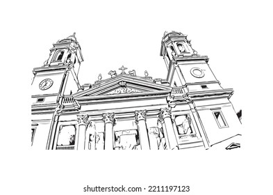 Building view with landmark of Pamplona is the 
city in Spain. Hand drawn sketch illustration in vector.