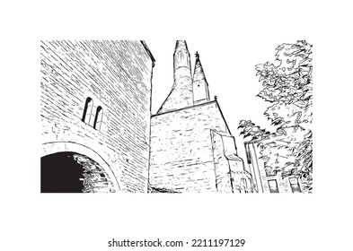 Building view with landmark of Pamplona is the 
city in Spain. Hand drawn sketch illustration in vector.